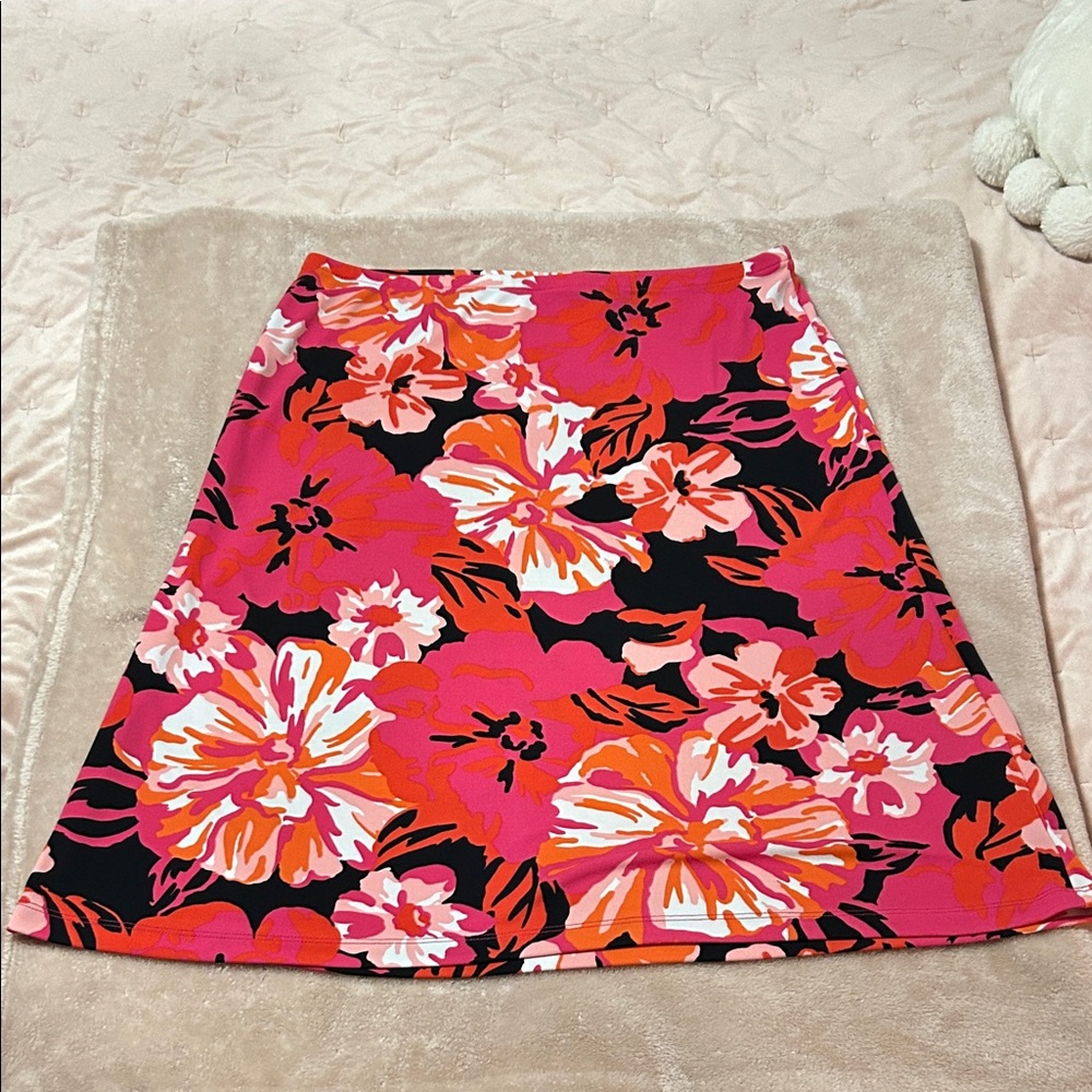 New York & Company Floral A-Line Skirt - Pink and Black